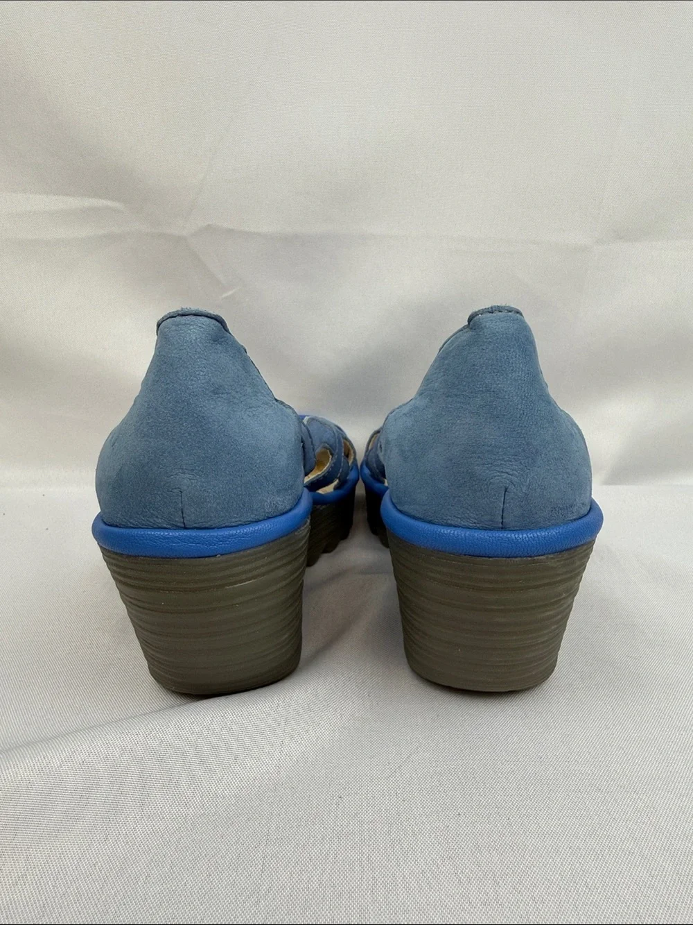 NWOB Fly London Yadi Blue Leather Peep-Toe Slip-On 2.5 Wedge Sandals EU37 US7